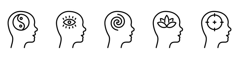 Brain Balance Harmony in Head Line Icon. Illuminati Eye, Target, Lotus Khamsa, Yin Yang Linear Pictogram. Peace in Human Head Concept Outline Icon. Editable Stroke. Isolated Vector Illustration
