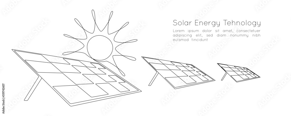 Poster one continuous line drawing of solar panels with sun. clean energy and renewable resources in simple