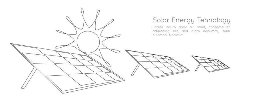 One continuous line drawing of Solar panels with sun. Clean energy and renewable resources in simple linear style. Power station and save ecology concept. Editable stroke. Doodle vector illustration