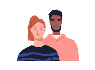 Couple portrait. Biracial man and woman faces. Happy smiling friends, young male and female characters. Wife and husband of different race. Flat vector illustration isolated on white background