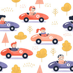 Personnages de dessins animés mignons sur les voitures de course. Modèle sans couture d& 39 enfants. Fond amusant. Illustration vectorielle