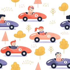 Foto op Aluminium Autorace Cute cartoon characters on the racing cars. Children seamless pattern. Fun background. Vector illustration