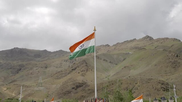 National Flag Of India At Kargil War Memorial With Rocky Mountain In The Background. - static