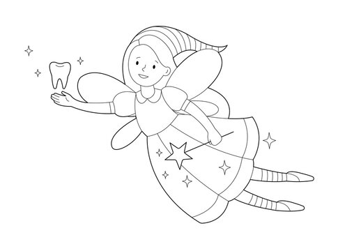 Smiling tooth fairy with magic wand and tooth. Contour linear illustration. Coloring page for kids. Vector  illustration