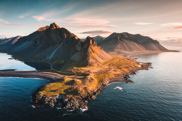 Spectacular Mount Eystrahorn in the Krossasnesfjall mountain range and sunlight shine in the...
