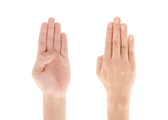 Obraz na płótnie Canvas Hand gesture Four fingers up isolated on white background, Clipping path Included.