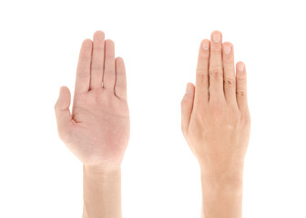 Asian hand with Five fingers up or Touch hand gesture isolated on white background, Clipping path Included.
