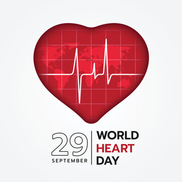 world heart day - white line heart wave in red heart sign with world map texture vector design