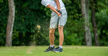 Professional golf player in action. Horizontal sport and golf club, course theme poster, greeting cards, headers, website and app