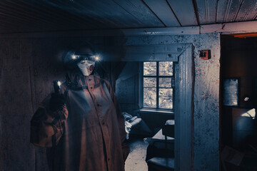 Fototapeta na wymiar Fictional movie poster. People with flashlights, masks and protective clothing inspect old house. Infected epidemic people in destroyed home. Dark gloomy environment, filter processing. 