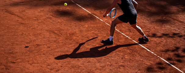 Old tennis player in action on the court on a sunny day. Horizontal sport theme poster, greeting cards, headers, website and app