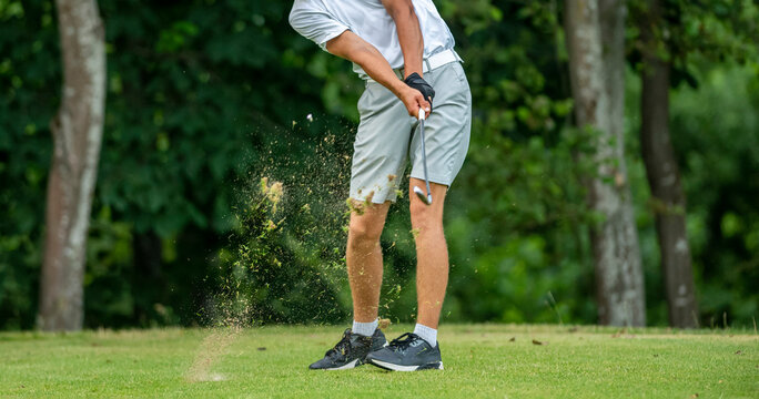 Professional golf player in action. Horizontal sport and golf club, course theme poster, greeting cards, headers, website and app