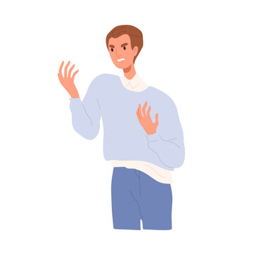 Angry irritated man gesturing in anger, annoyance, rage. Annoyed frowning indignant person. Furious dissatisfied outraged emotion of grumpy guy. Flat vector illustration isolated on white background
