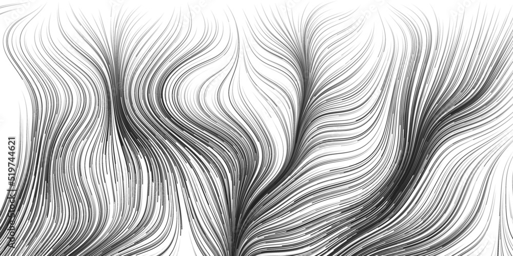 Poster black and white moving, flowing stream of particles in curving, wavy lines - digitally generated fut