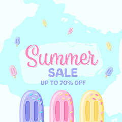 Summer sale banner with colorful ice cream and white watercolor splashes on blue background