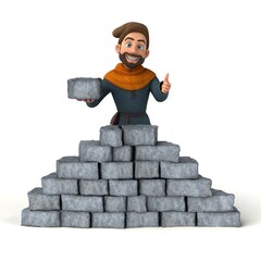 Fun 3D cartoon medieval man building a wall