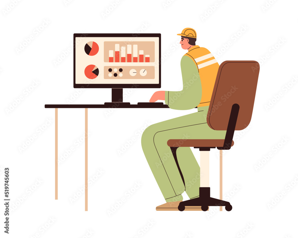 Aufkleber industry supervisor at computer screen, monitoring smart production at factory. worker, operator dur