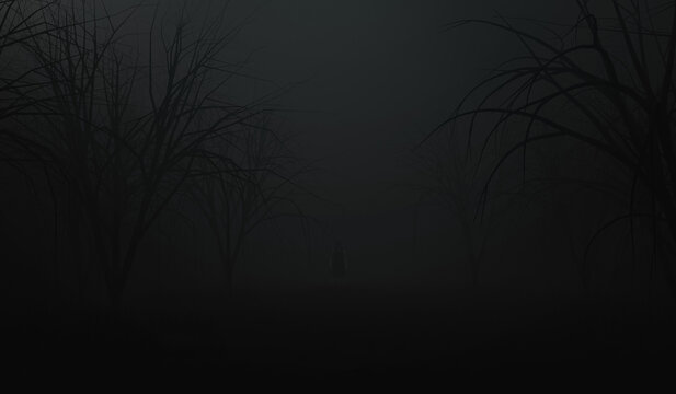 black wood and ghost girl in a horror dark night forest background. the macabre scene background. 3d illustration