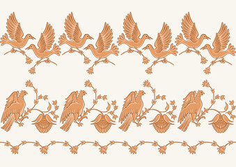 Byzantine traditional historical motifs of animals, birds, flowers and plants Seamless border pattern, linear ornament, ribbon in beige. Vector illustration.