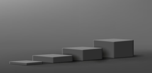 3d pedestals levels steps, black cubes of bigger size. Vector illustration
