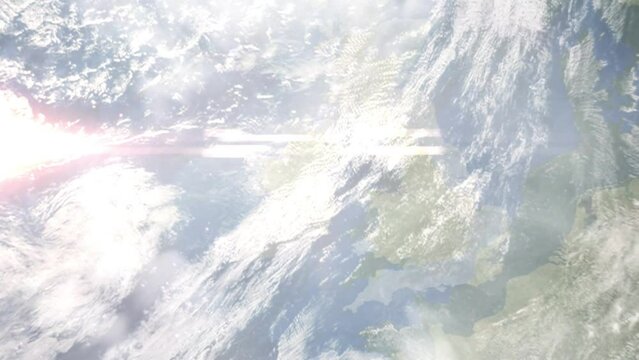 Earth zoom in from outer space to city. Zooming on Navan, Meath, Ireland. The animation continues by zoom out through clouds and atmosphere into space. Images from NASA