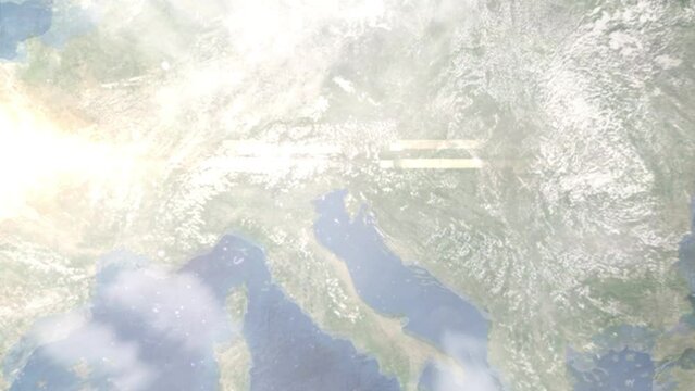 Earth zoom in from outer space to city. Zooming on Koper, Slovenia. The animation continues by zoom out through clouds and atmosphere into space. Images from NASA