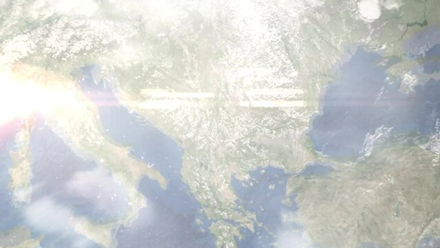 Earth zoom in from outer space to city. Zooming on Leskovac, Serbia. The animation continues by zoom out through clouds and atmosphere into space. Images from NASA