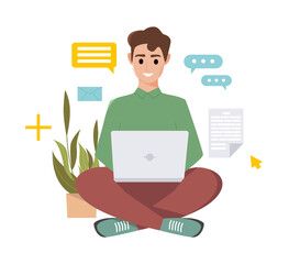 Young Man with a Laptop Working, Freelance worker at online remote work. Male character. Vector illustration.