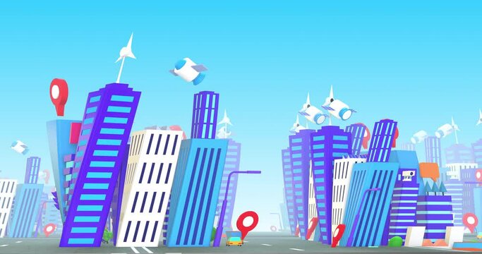Dancing Cartoon Smart City And Skyscrapers. Perfect Loop. Technology And Smart Cities Related 3D Animation.