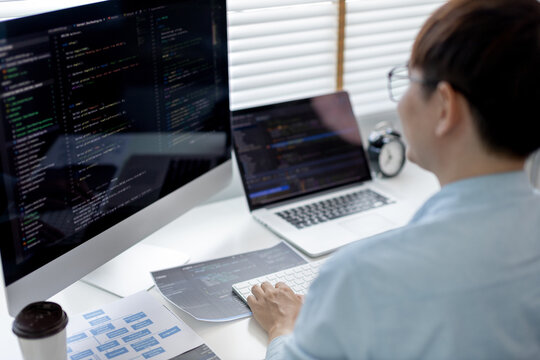 Professional development programmers are sit on a desk with work equipment such as: computer-laptop-tablet. for working in programming or writing code on  website,  HTML, javascript, Software.