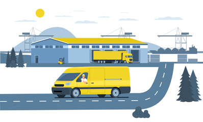 Cargo van with driver and pre-port warehouse. Vector illustration.