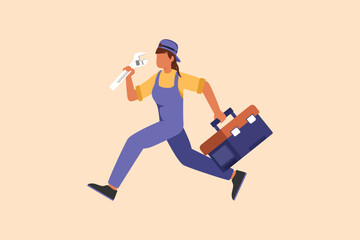 Fototapeta na wymiar Business flat drawing mechanic repairwoman worker with tools is running. Technical service. Plumber with monkey wrench and toolbox run forward. Handywoman working. Cartoon design vector illustration