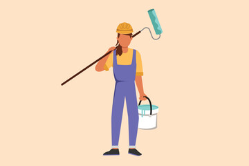 Business flat drawing cute handywoman or painter standing with bucket and paint roller. Professional repairwoman in overalls working on apartment or home renovation. Cartoon design vector illustration