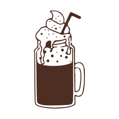 Coffee glass jar with heart decoration beverage with cream in doodle style isolated on white background. Funny icon, design element.