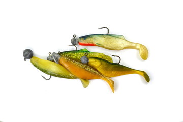 Many Silicon Fishing Twisters with Hook and Sinker Isolated on White Background