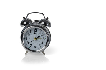 Silver retro alarm clock isolated on white background. copy space.