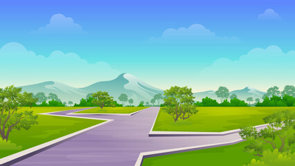 Public park with road with beautiful nature mountain landscape background