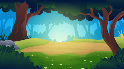 Camping area campsite in the middle of the forest cartoon vector illustration - obrazy, fototapety, plakaty