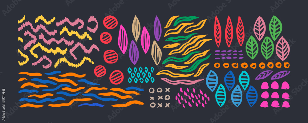 Poster grunge hand drawn doodle ornaments set. big collection of abstract trendy elements and shapes for cr