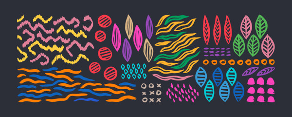 Grunge hand drawn doodle ornaments set. Big collection of abstract trendy elements and shapes for creating patterns or backgrounds.