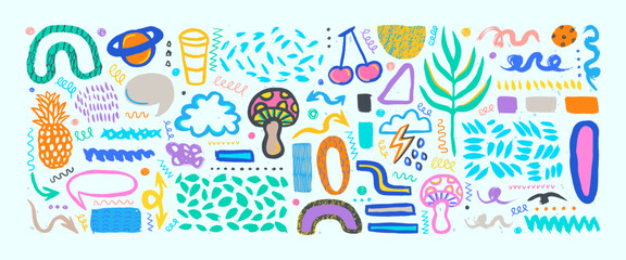 Hand drawn grunge doodles set. Big collection of abstract modern elements and shapes. Pineapple, cherry, mushroom, coffee.