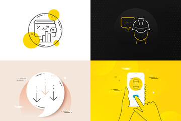 Minimal set of Foreman, Star and Scroll down line icons. Phone screen, Quote banners. Wallet icons. For web development. Engineer person, Phone feedback, Swipe screen. Money account. Vector