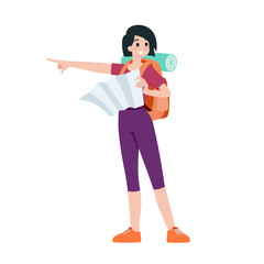 Young happy woman tourist flat cartoon character. Traveling people on summer vacation trip, Isolated on white background.