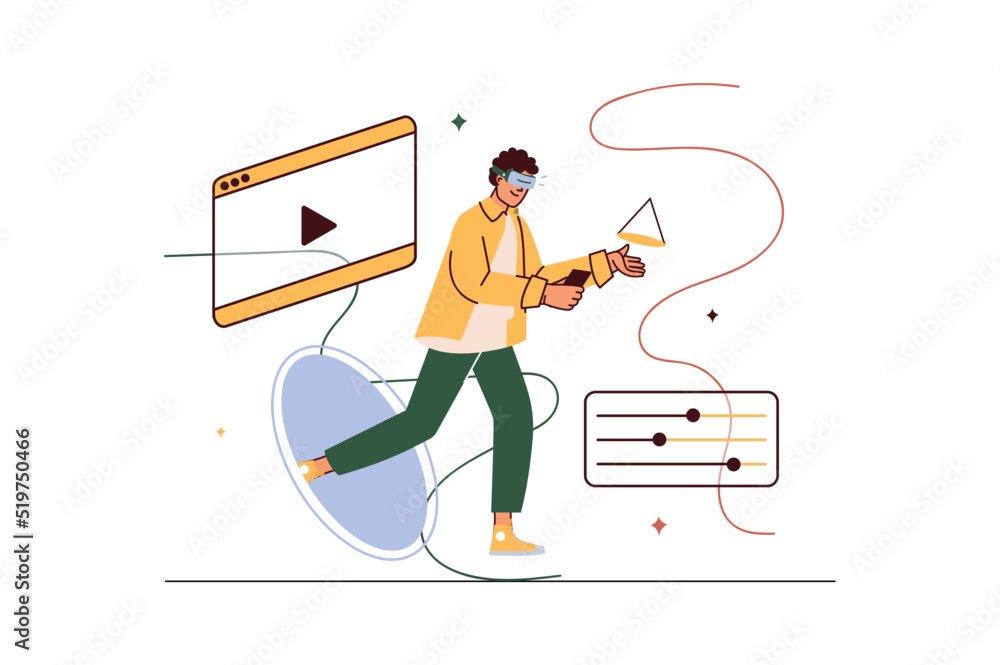 Poster metaverse concept with people scene in flat cartoon design. man interacts with digital objects using