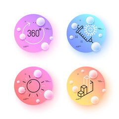 Coronavirus vaccine, Sun energy and 360 degrees minimal line icons. 3d spheres or balls buttons. 3d chart icons. For web, application, printing. Syringe, Solar power, Panoramic view. Vector