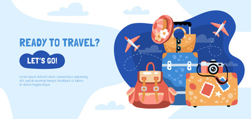Touristic landing page or flyer concept with various luggage, camera, planes and travel themed objects. Ready to use design for your website. Place for text. Tourism day. Hand drawn flat vector 