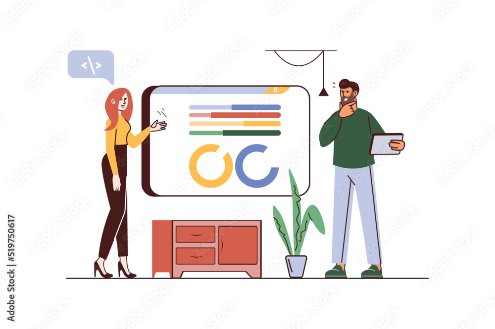 Poster software developer concept with people scene in flat cartoon design. woman and man discuss the devel