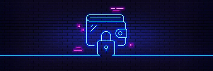 Neon light glow effect. Wallet line icon. Money purse with lock sign. Cash budget symbol. 3d line neon glow icon. Brick wall banner. Wallet outline. Vector
