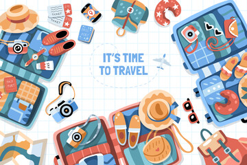 Travel backround with open suitcases and various travel themed objects. Place for text. Tourism day. Hand drawn flat vector  © fakeglue
