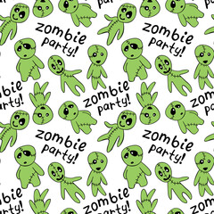 Vector seamless pattern with cute zombies in cartoon flat style. Zombie party - lettering. Halloween backgrounds and textures.